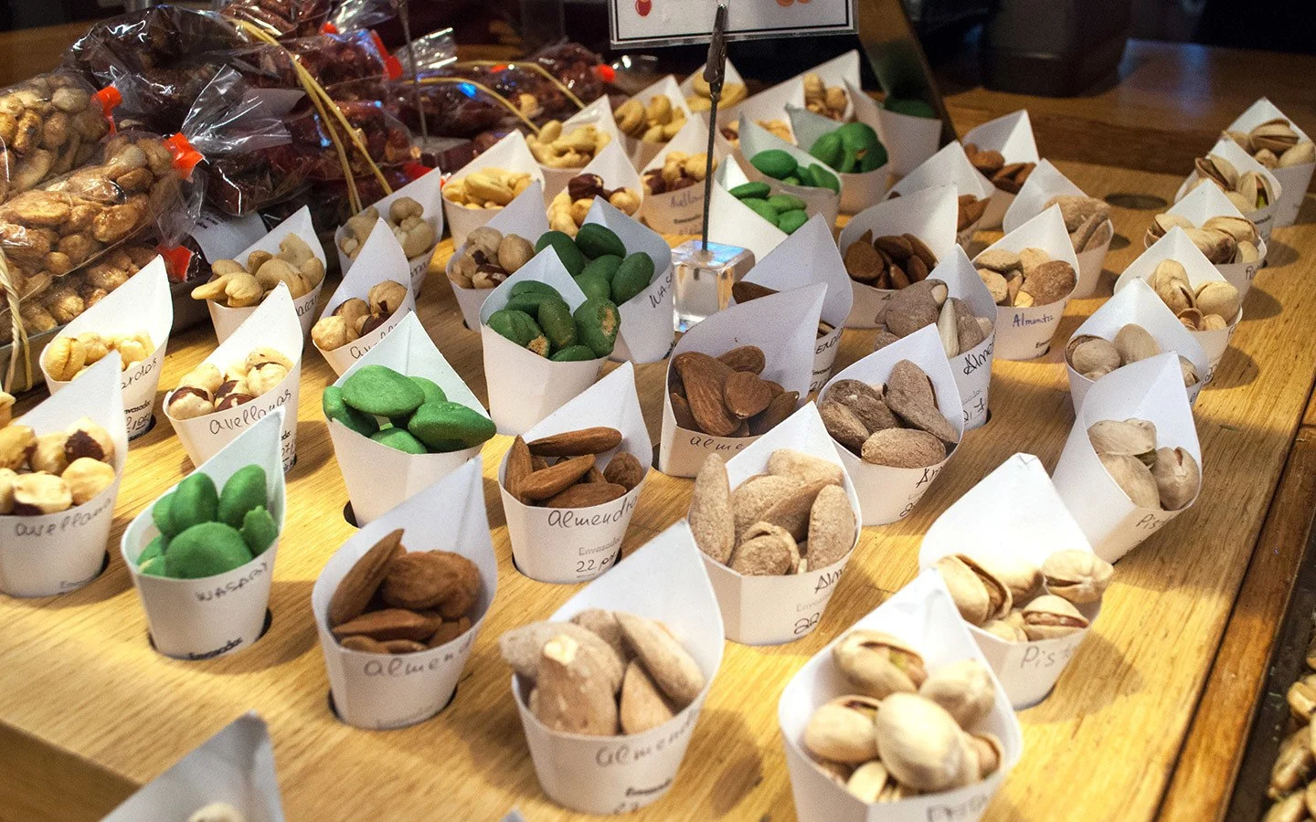 Food stalls in the Mercado de San Miguel food market in Madrid