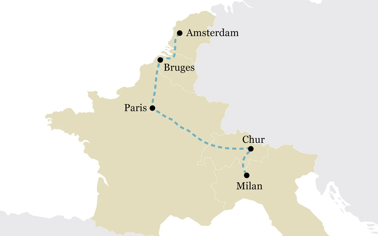 One-week Northern Europe by train itinerary map