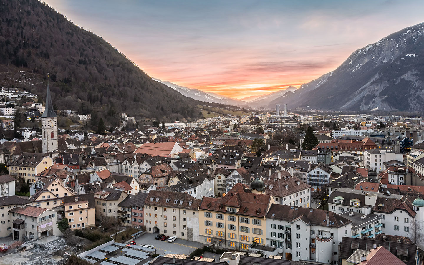 Sunset over the rooftops of Chur in Switzerland