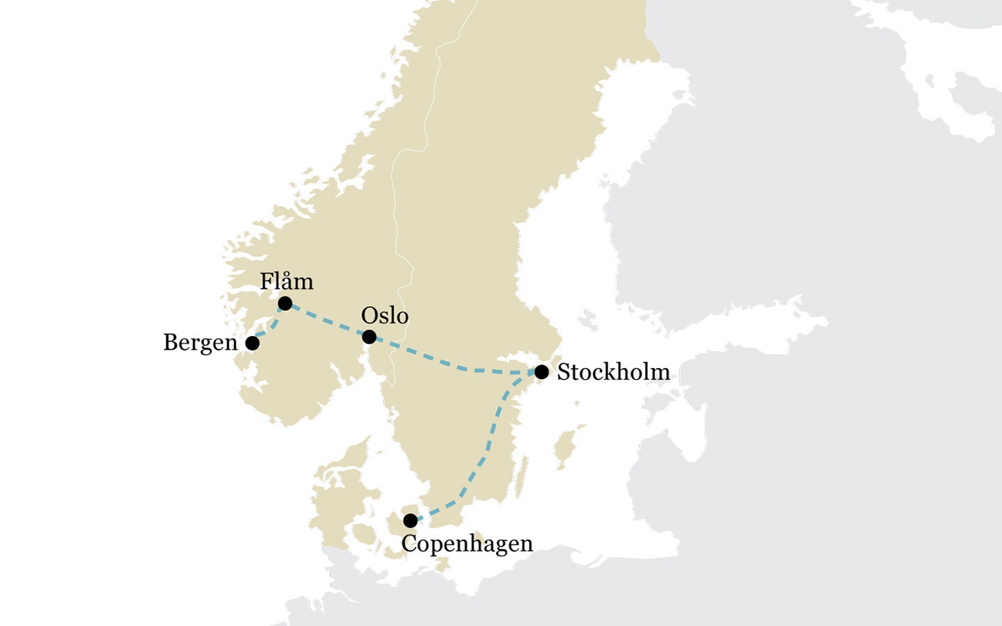 One-week Scandinavia by train itinerary map