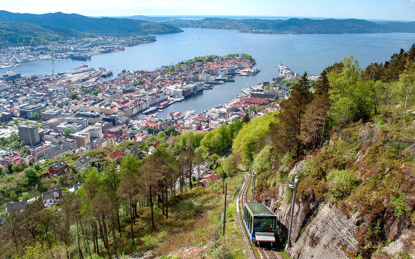 The Fløibanen funicular railway in Bergen at the end of the trip through Scandinavia by train