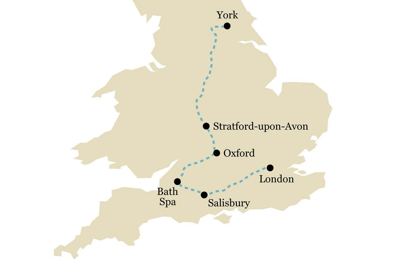 One-week Historic England by train itinerary map