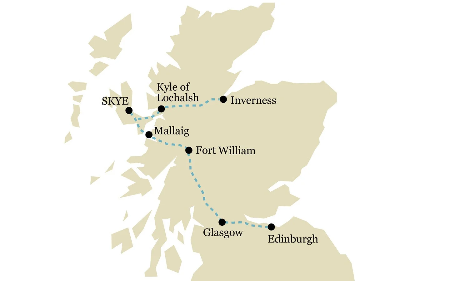 One-week scenic Scotland by train itinerary map