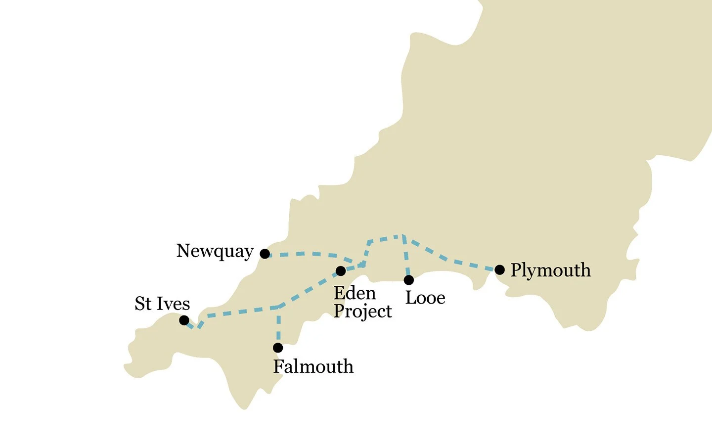 One-week coastal Cornwall by train itinerary map