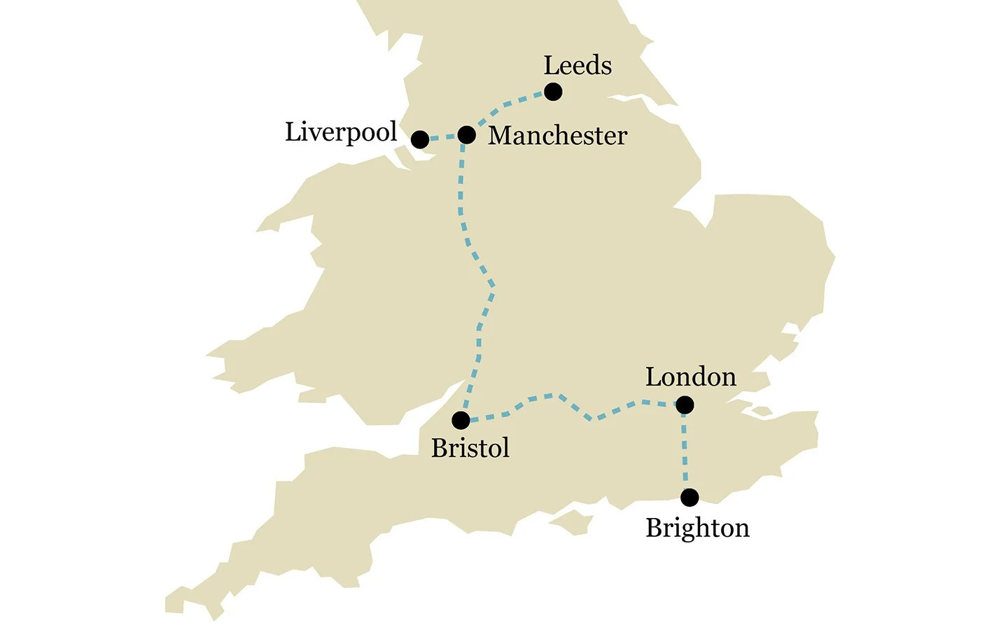  One-week UK cities by train itinerary map 