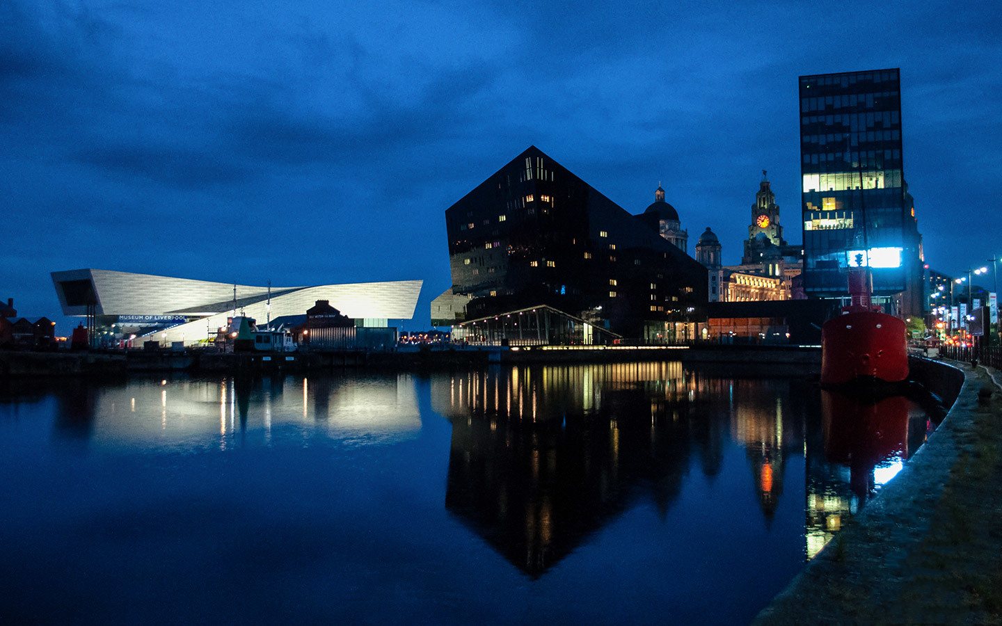 Buildings reflected in the Royal Albert Docks Liverpool