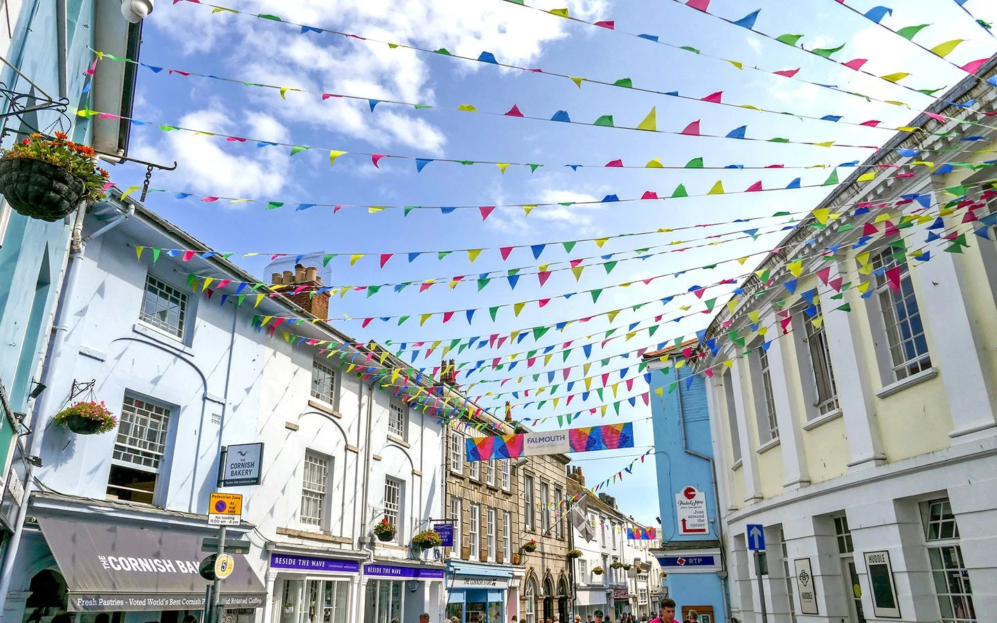 Bunting flags flying in Falmouth's town centre