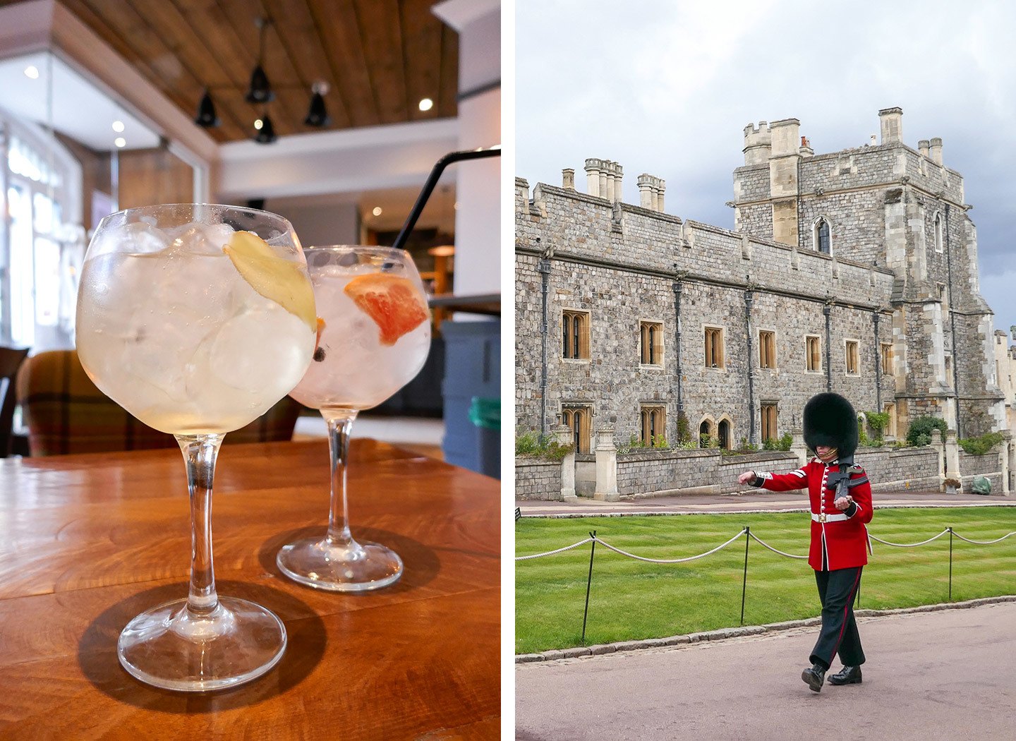 Gin and tonic glasses at the Queen Charlotte pub and a Windsor castle guard