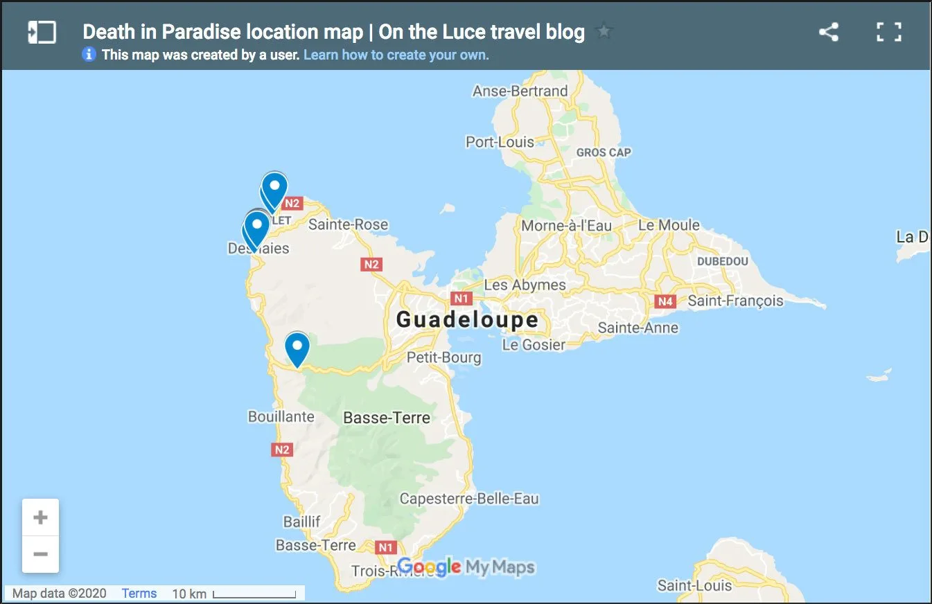 Death in Paradise location map showing filming locations for the series in Guadeloupe