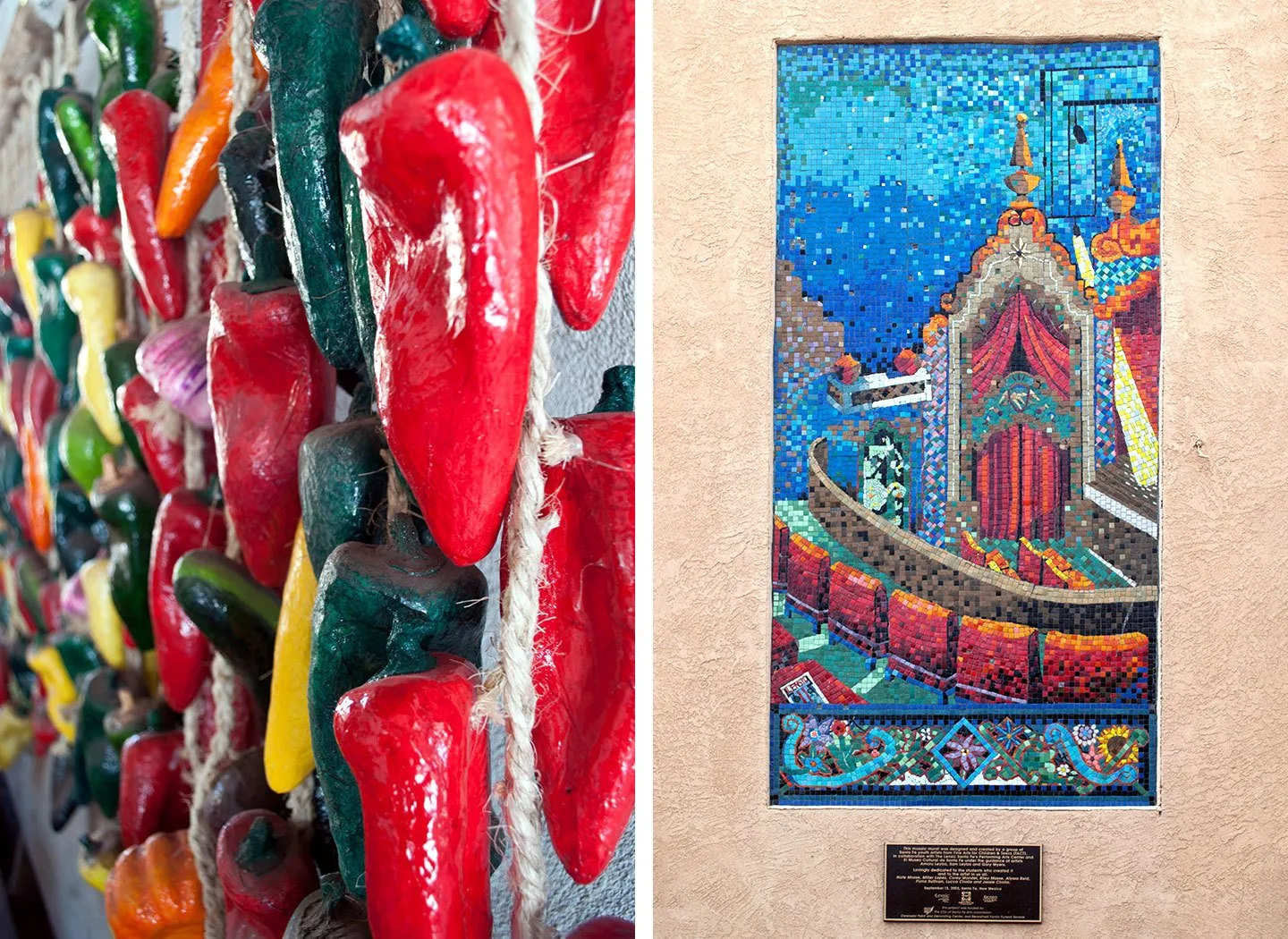 Colourful painted chilies and mosaics in Santa Fe, New Mexico