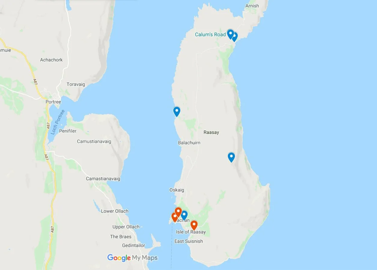 Map of attractions on the Island of Raasay in Scotland