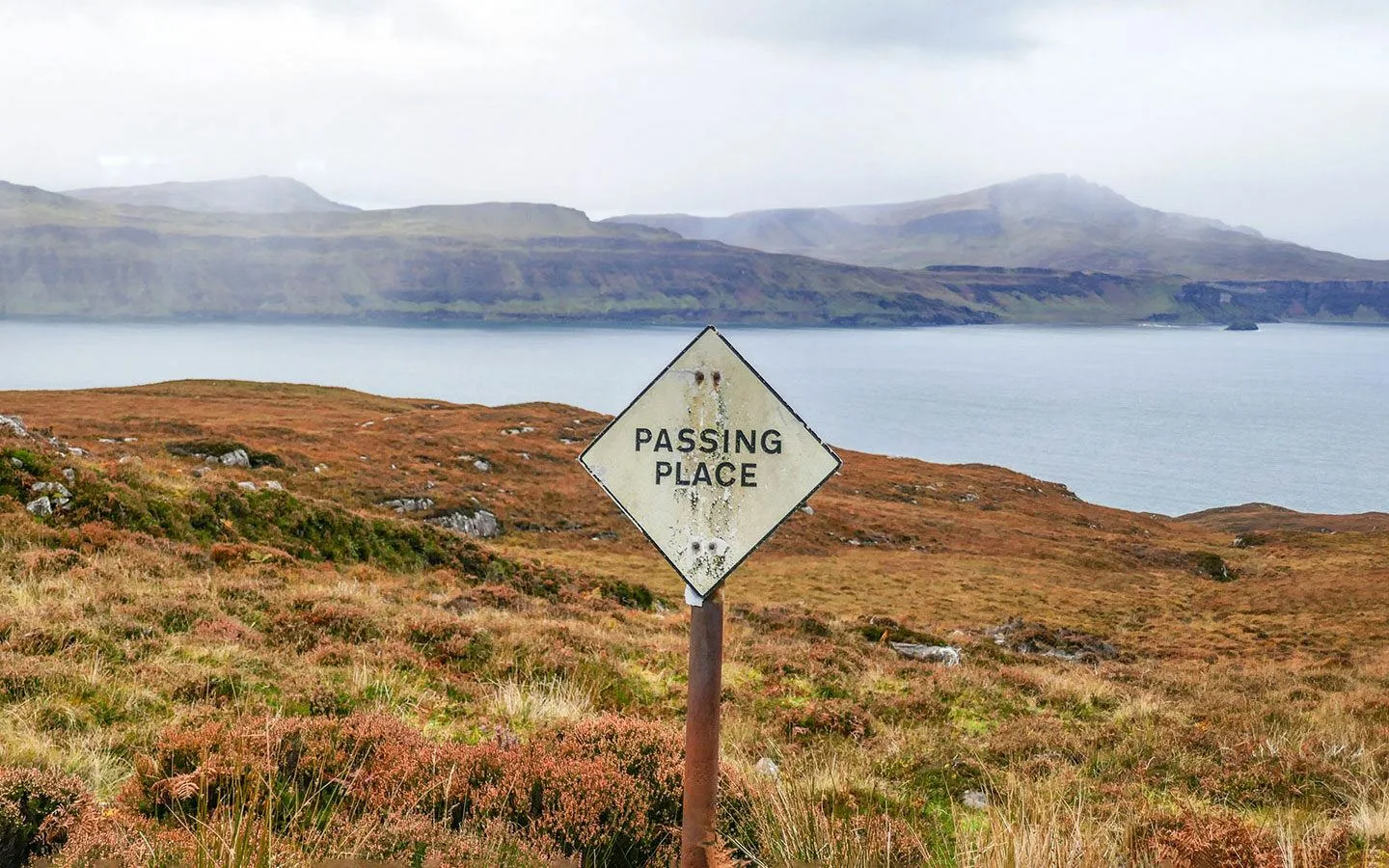Passing place sign on the roads on the Isle of Raasay, Scotland