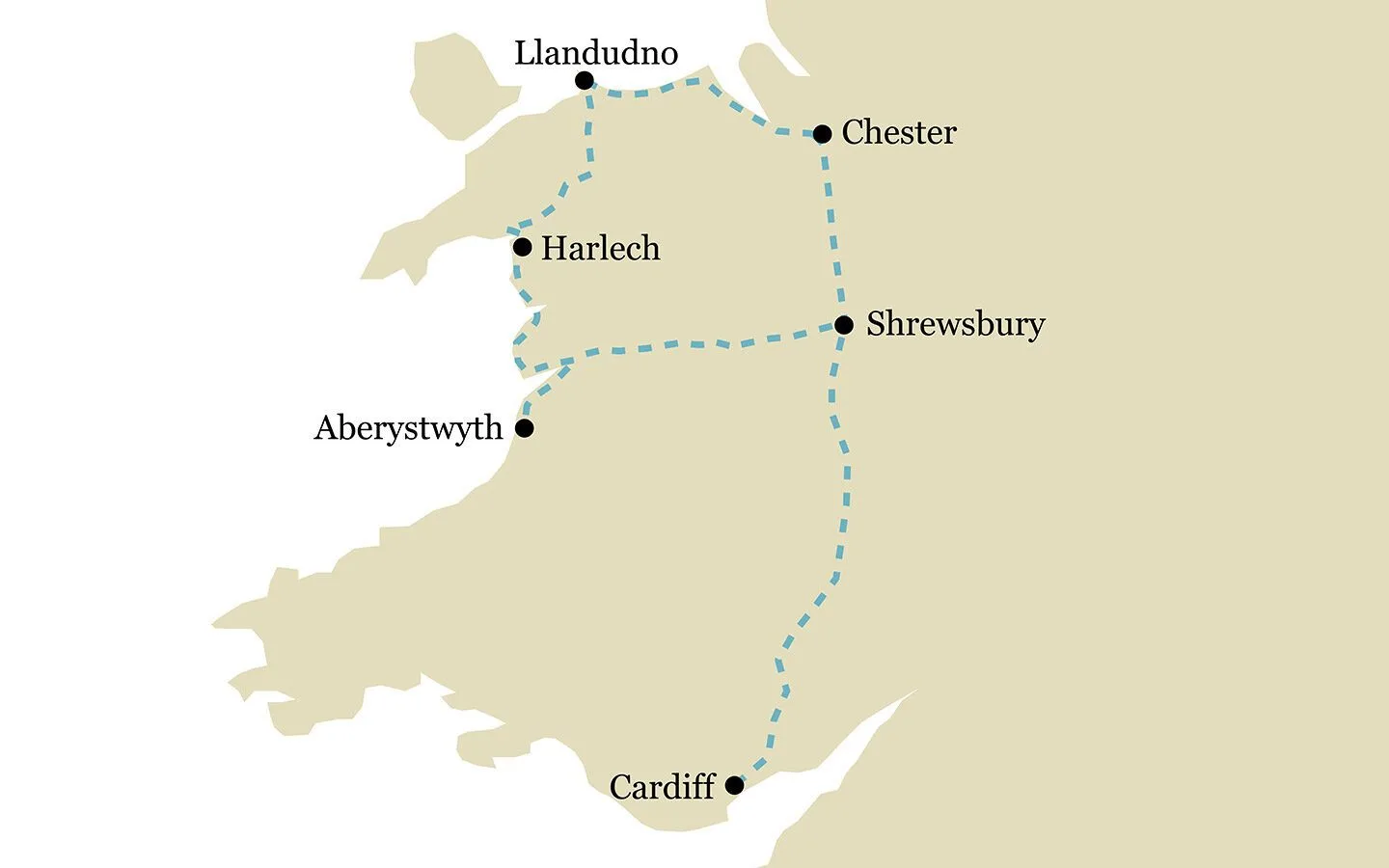 One-week Borders and Wales by train itinerary map