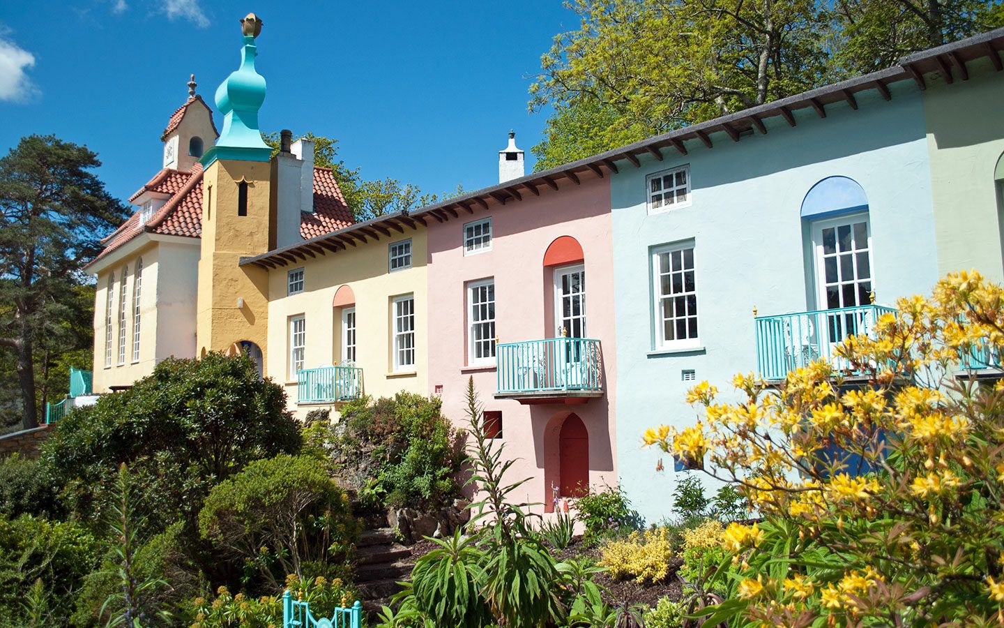Colourful buildings in the the Italian-style village of Portmeirion in North Wales