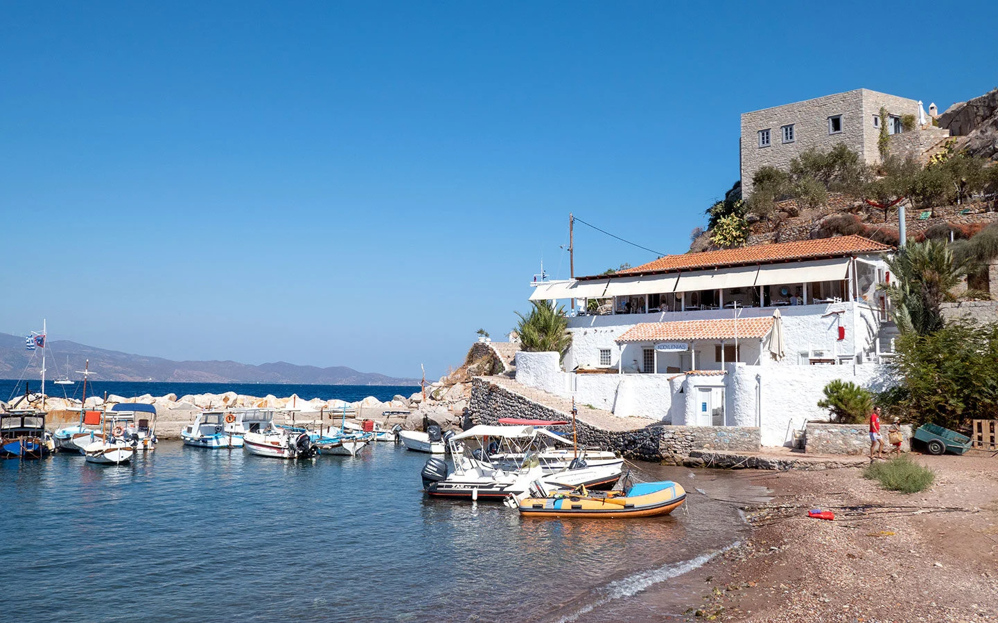 Kodylenia's Tavern overlooking Kamini harbour on Hydra island, Greece