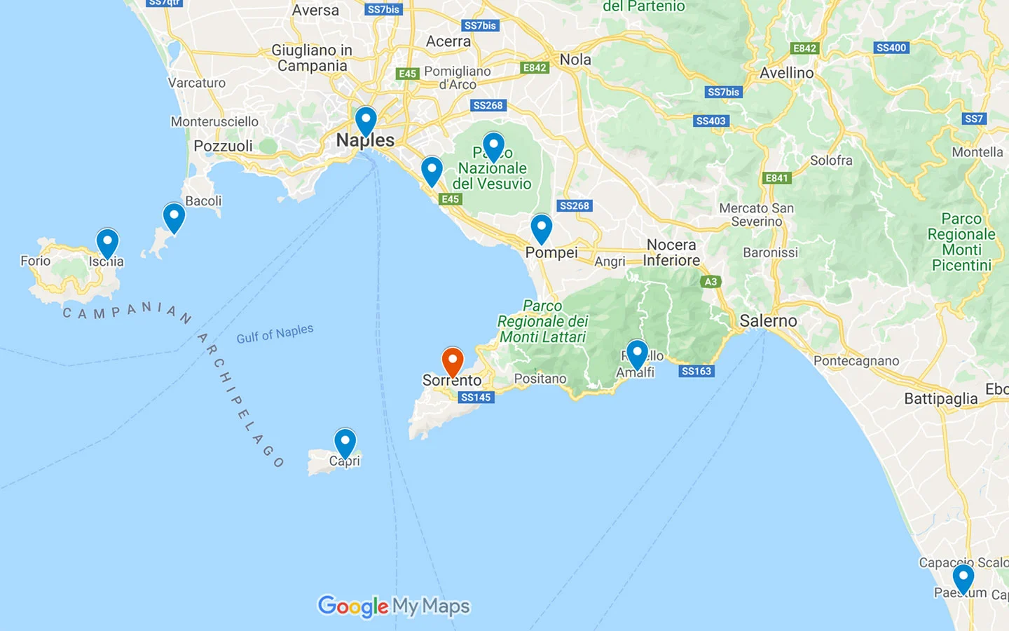 Map of day trips from Sorrento