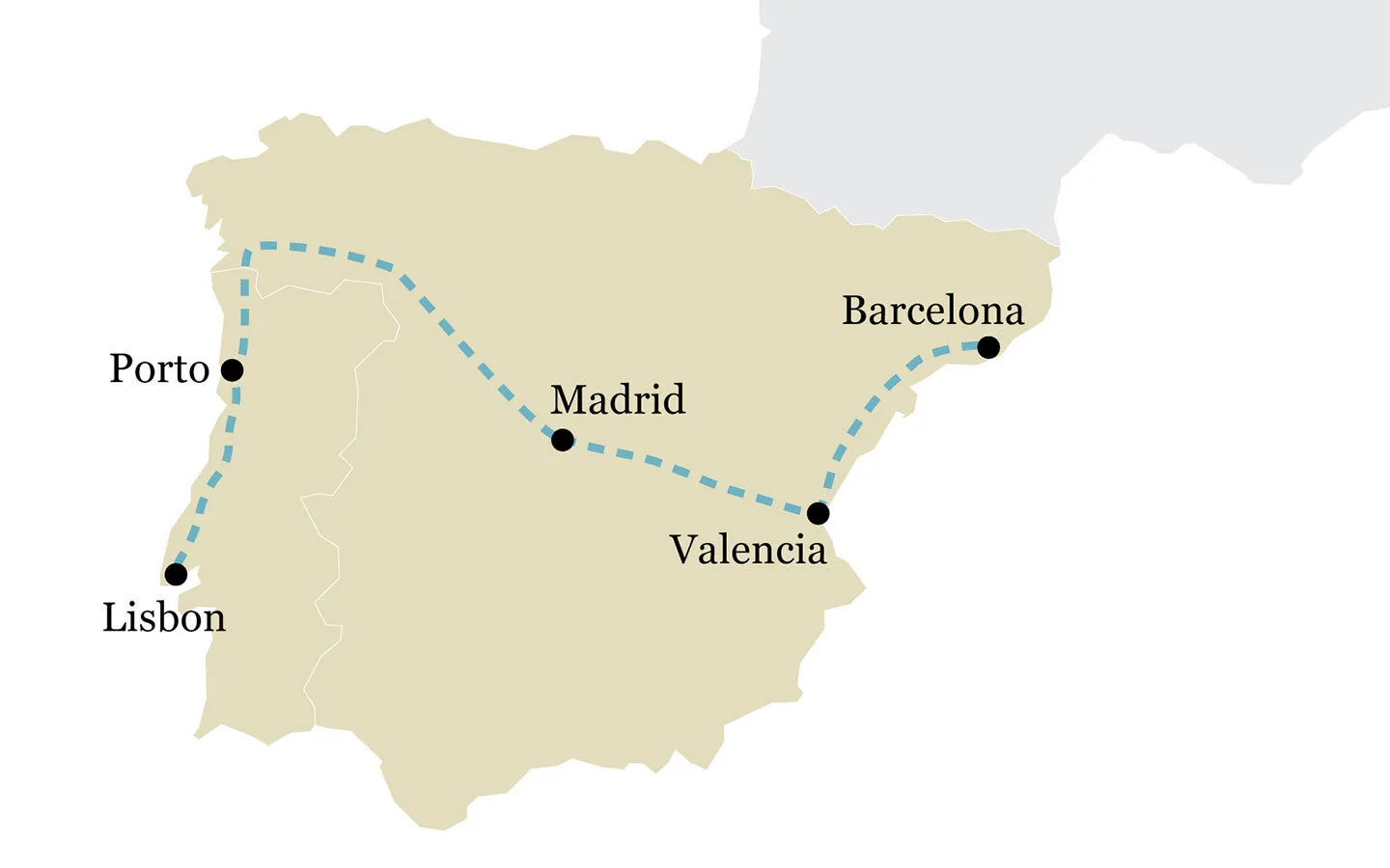 One-week Spain and Portugal by train itinerary map