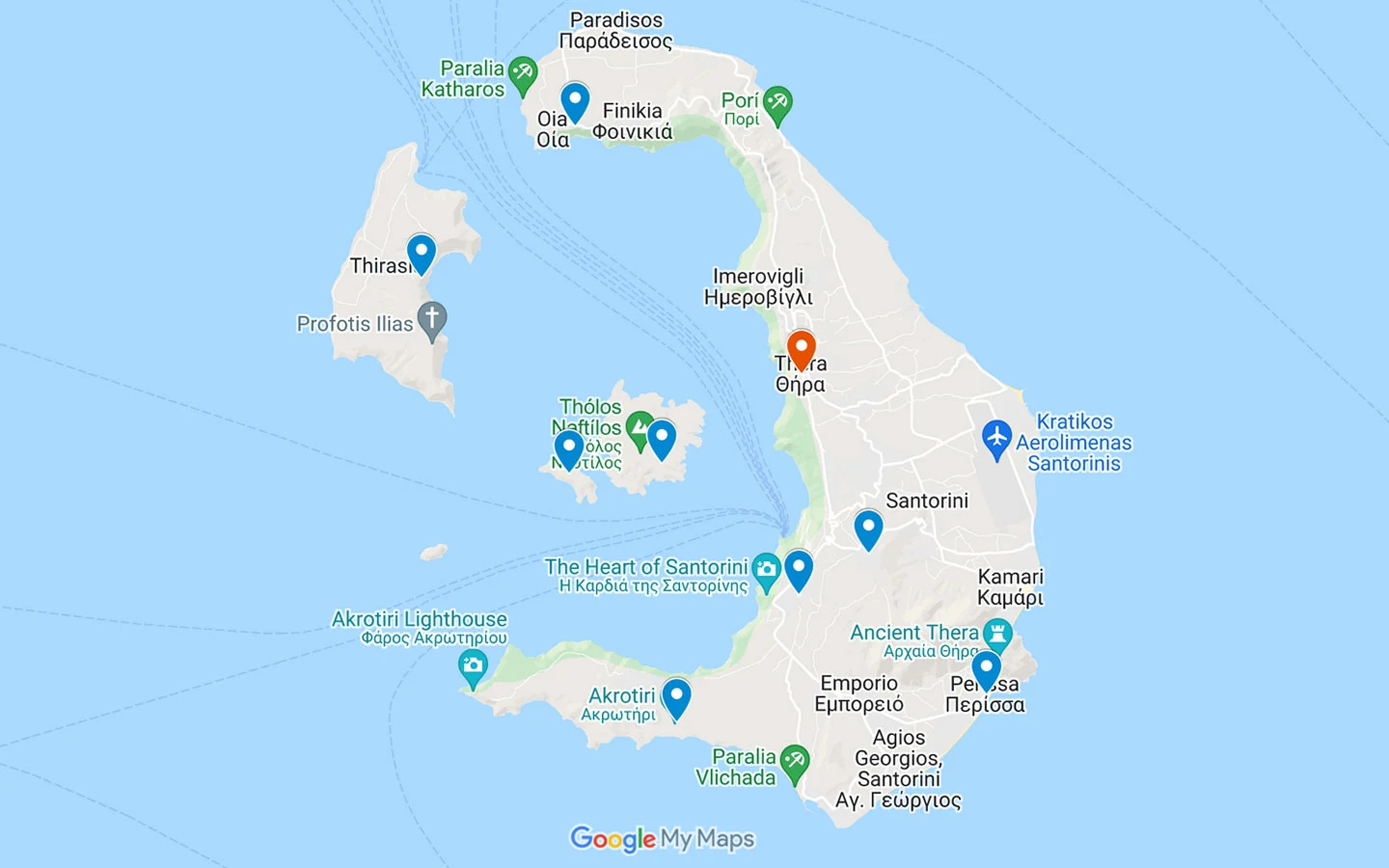 Map of day trips in Santorini, Greece