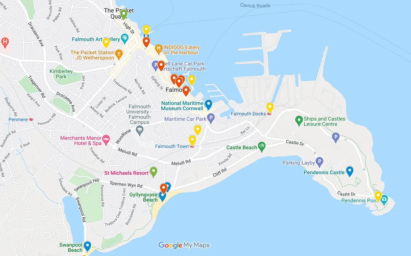 Map of things to do in Falmouth, Cornwall