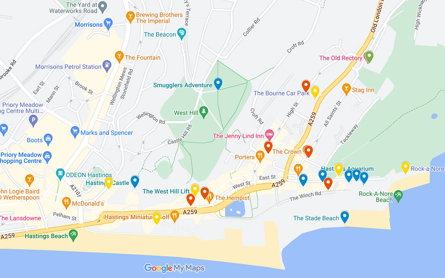 Map of things to do in Hastings, East Sussex