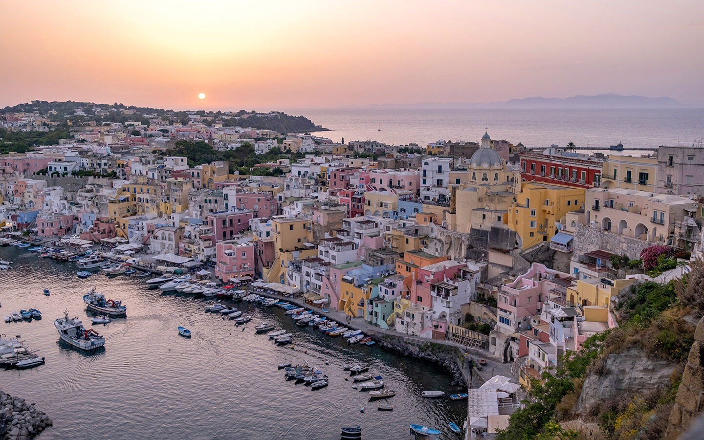 Sunset views from the Panoramica sulla Corricella viewpoint in Procida