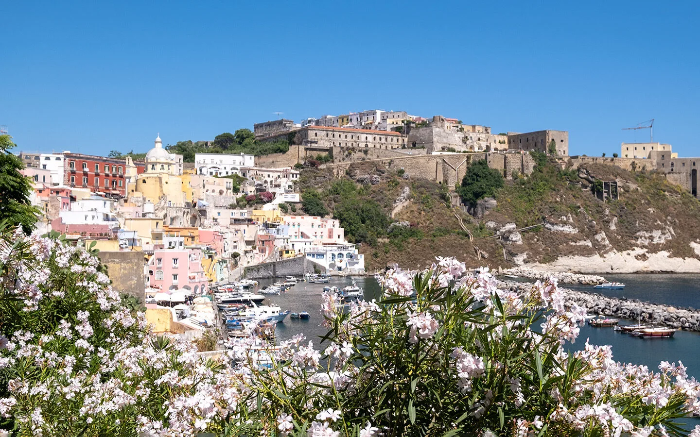 Looking across at the hilltop Terra Murata and Marina Corricella in Procida