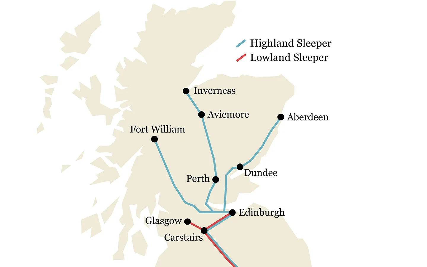 Caledonian Sleeper route map