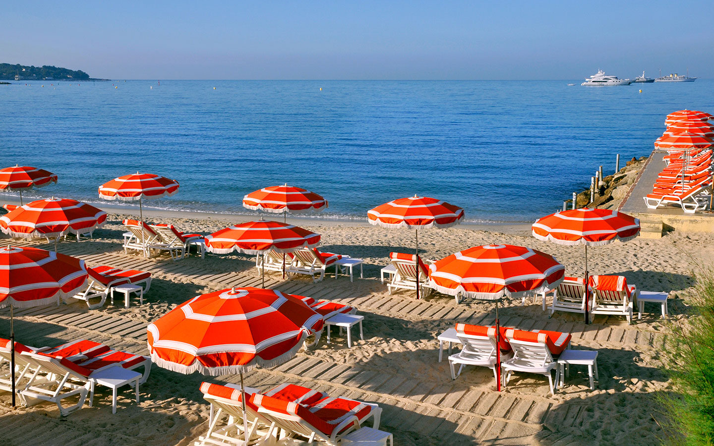 Sunbeds on the beach in Juan-les-Pins, South of France