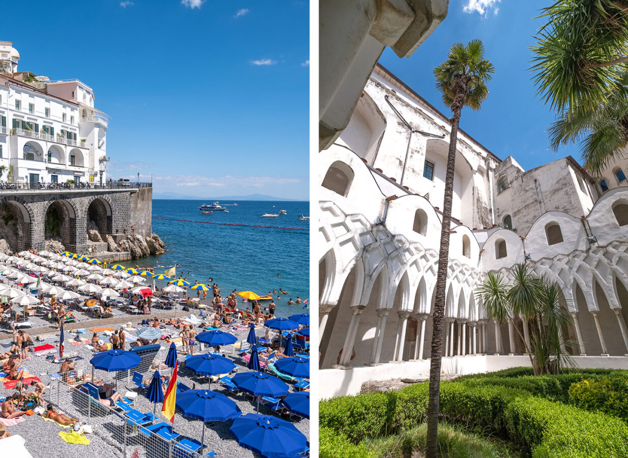 Beach and cathedral courtyard in Amalfi