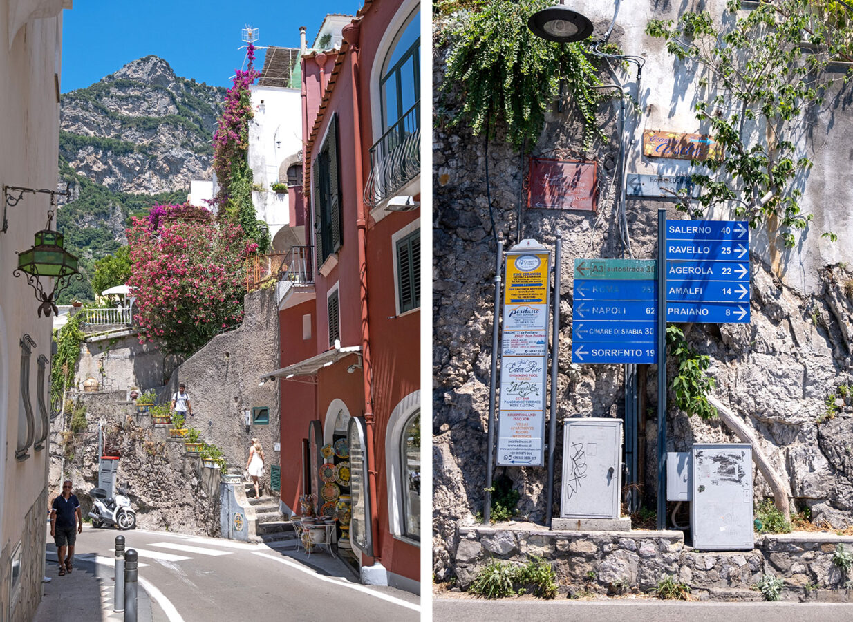 Road and road signs in Positano, Italy