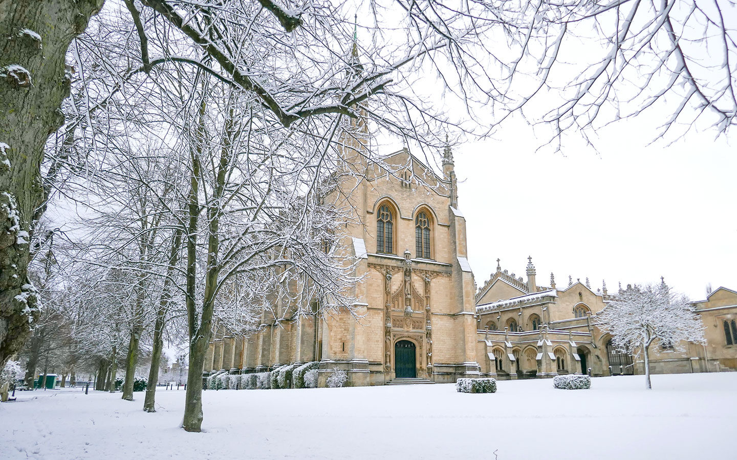 Cheltenham College chapel in the snow on a winter weekend in Cheltenham