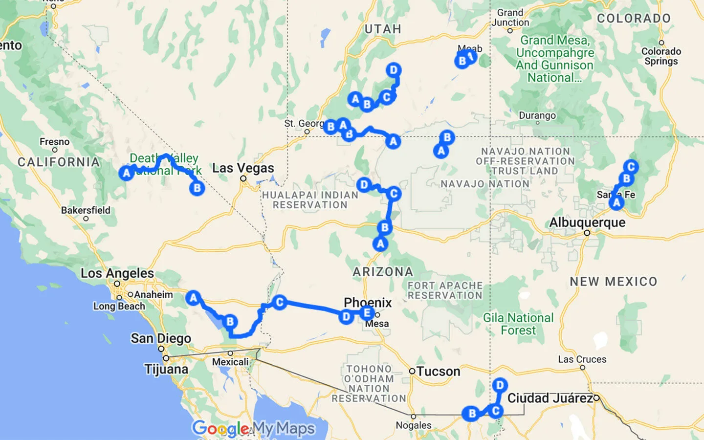 Map of scenic drives in the southwest USA