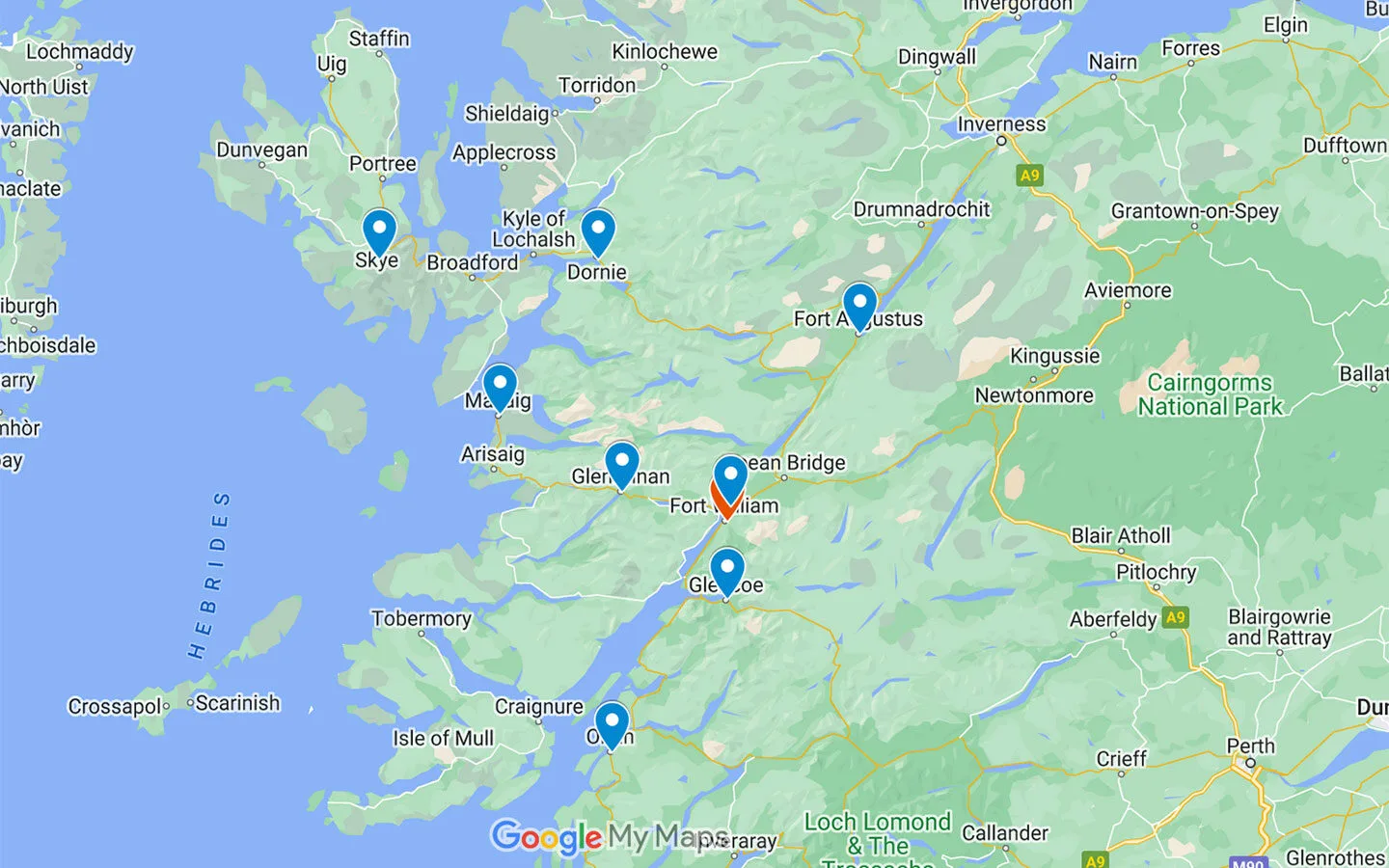 Map of day trips from Fort William