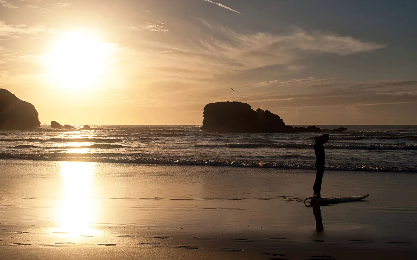 Sunset on Perranporth beach in Cornwall