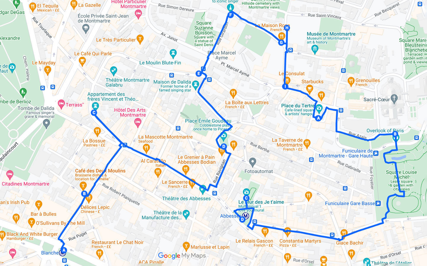 Self-guided Montmartre walking tour map, Paris