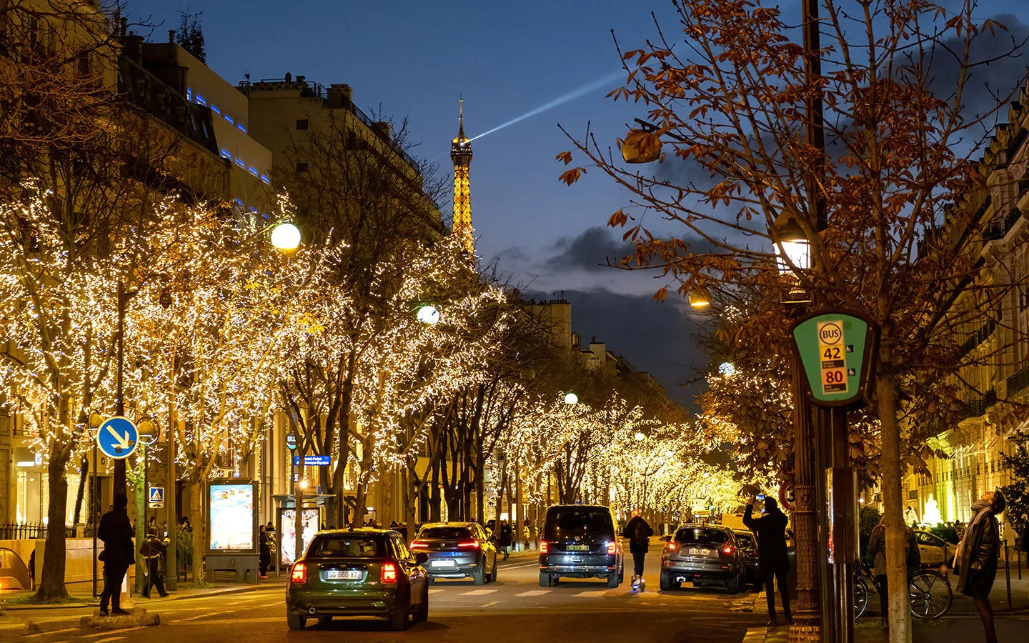 Paris at Christmas – lights on the Champs Elysees and the Eiffel Tower