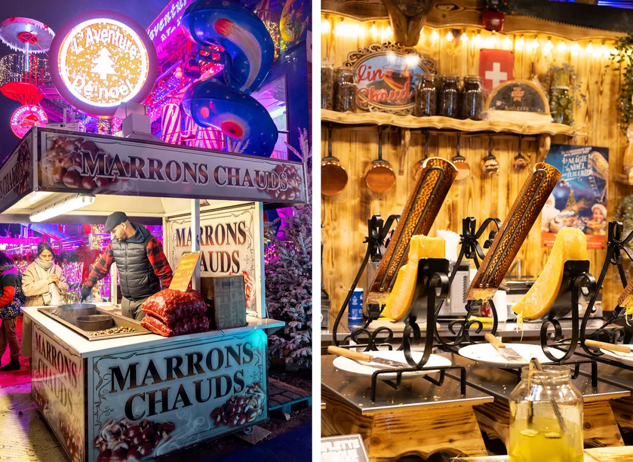 Food stalls at the Magie de Noël market in the Tuileries in Paris