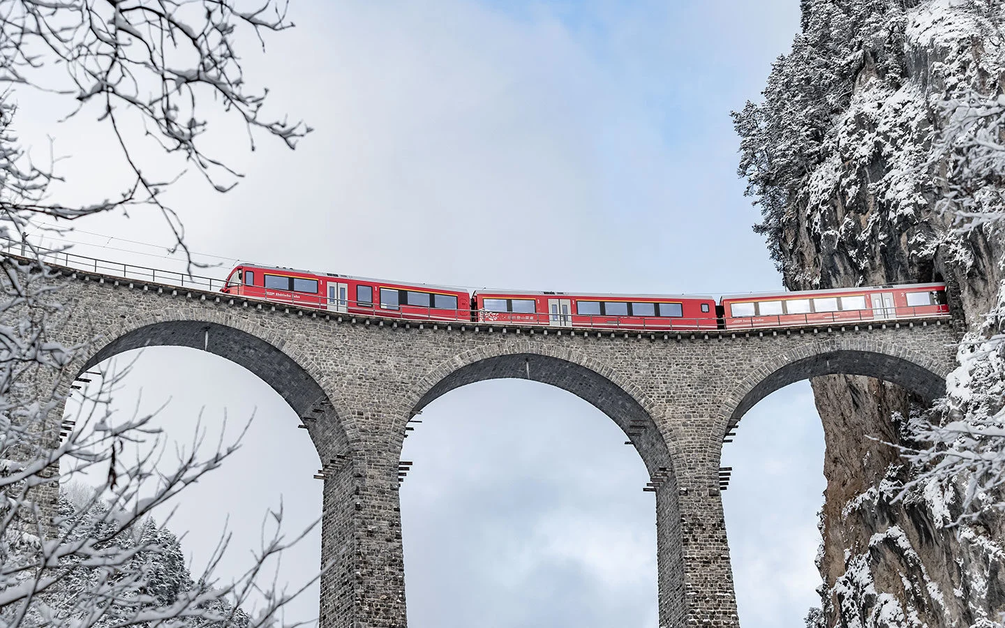 The Bernina Express scenic train in Switzerland in winter