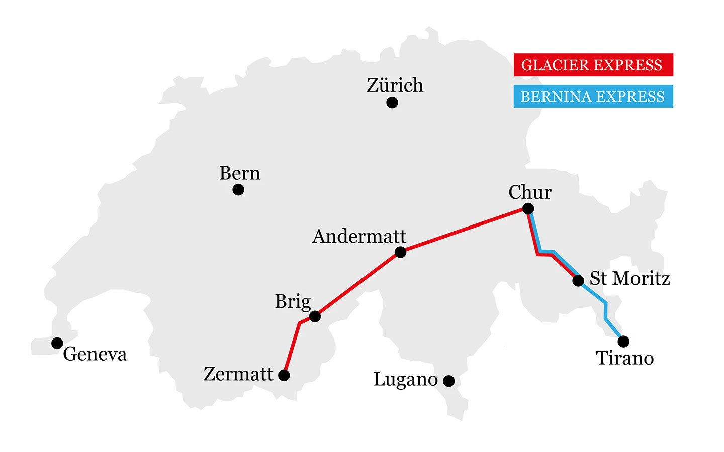 Map of the routes of the Glacier and Bernina Express scenic trains