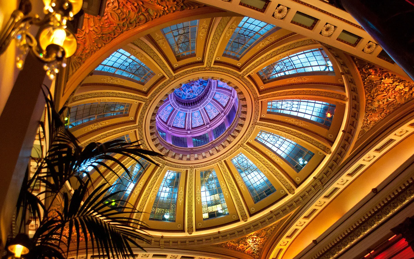 Ornate ceiling at The Dome restaurant and bar in Edinburgh