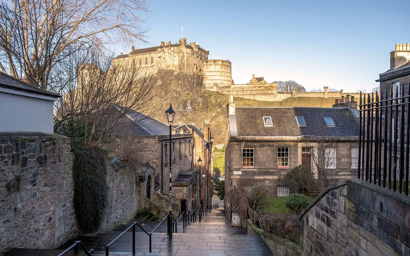 Sunset views of Edinburgh Castle from The Vennel