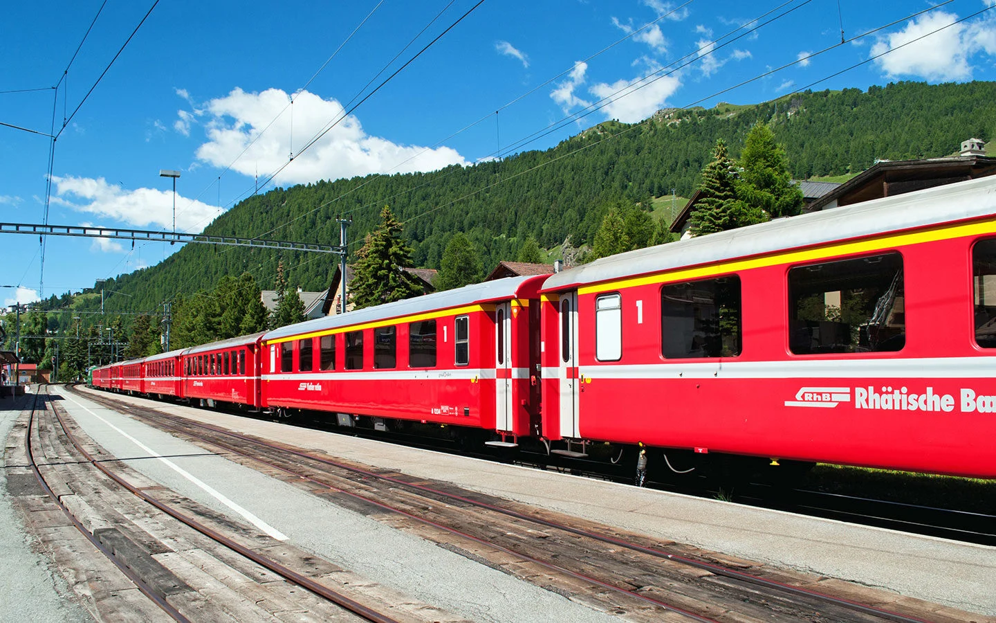 Local Rhätische Bahn trains near St Moritz