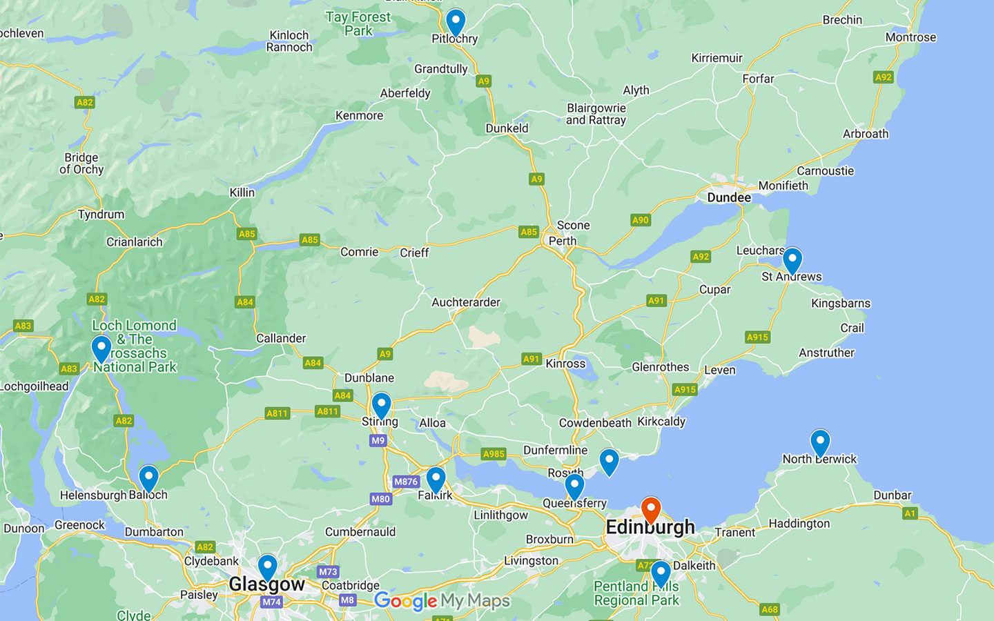 Map of day trips from Edinburgh 