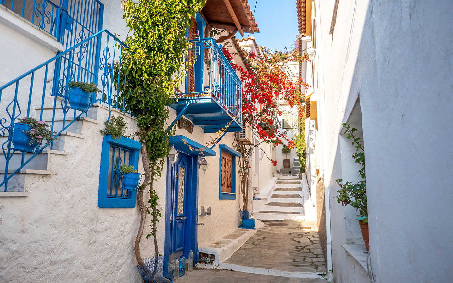 Houses draped with bougainvillea in the historic area of Plakes in Skiathos Town