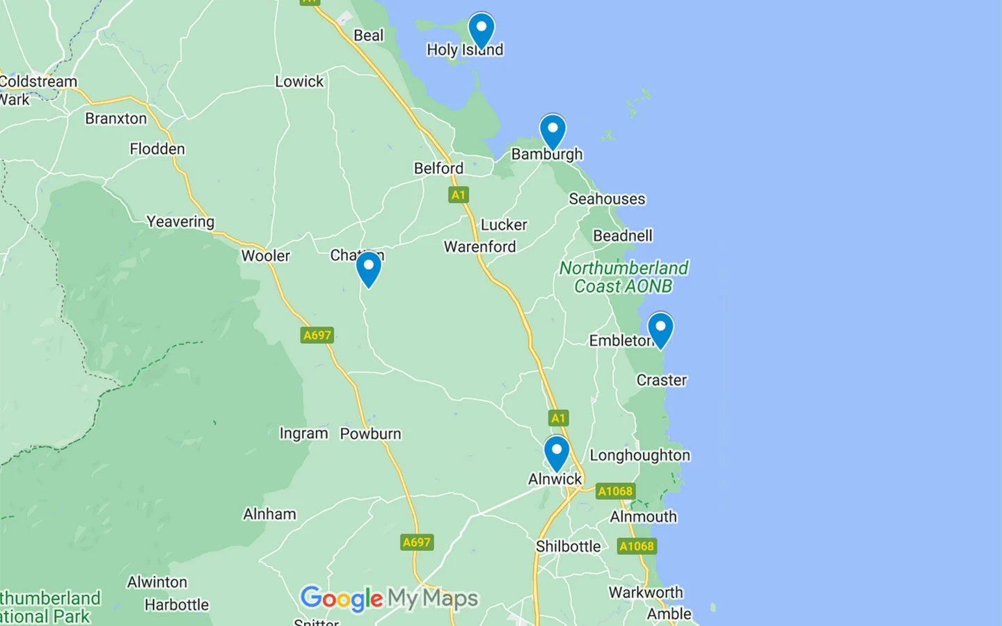 Map showing five of the best castles in Northumberland