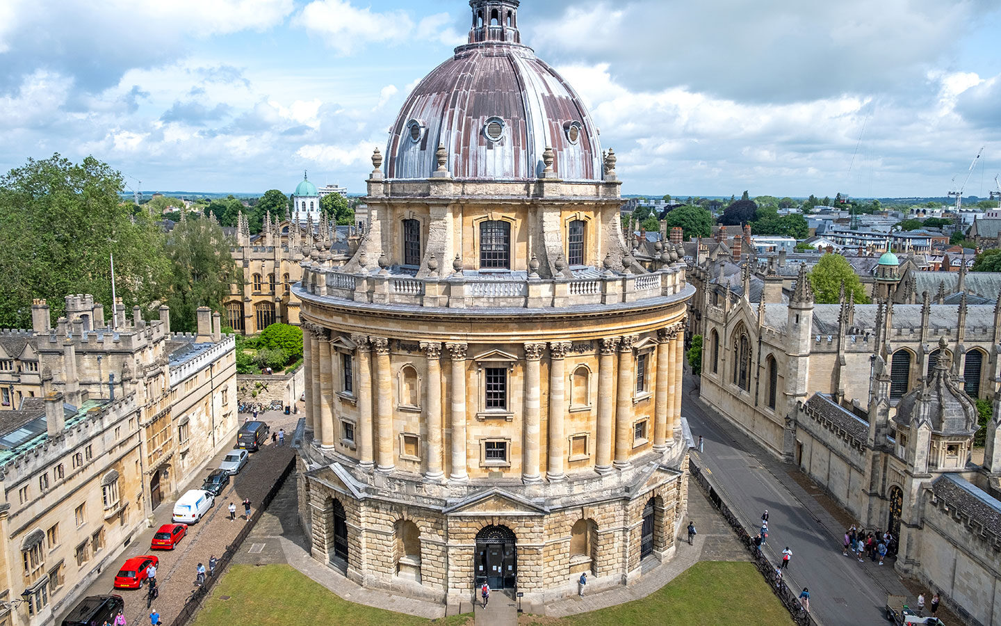 Views of Oxford University's Radcliffe Camera from the tower of the University Church of St Mary the Virgin