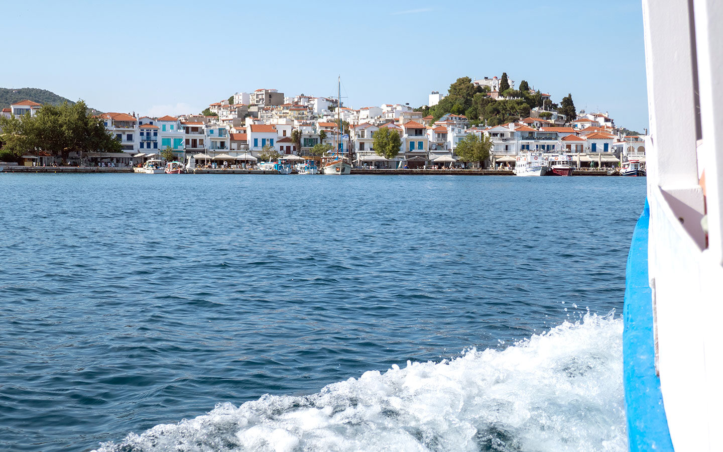 Shuttle boat arriving into Skiathos Town's Old Port