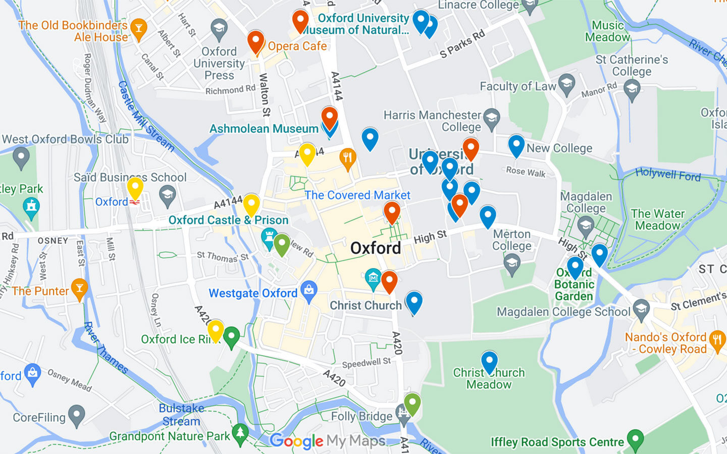 Map of things to do on a weekend in Oxford: 2-day Oxford itinerary