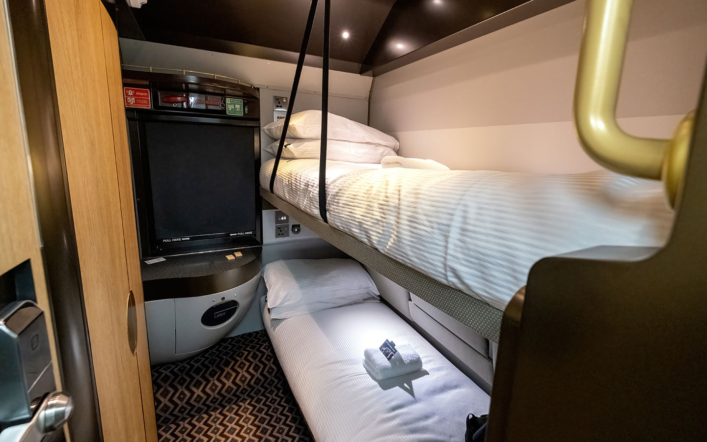 A twin cabin on the Night Riviera Sleeper train from London to Cornwall