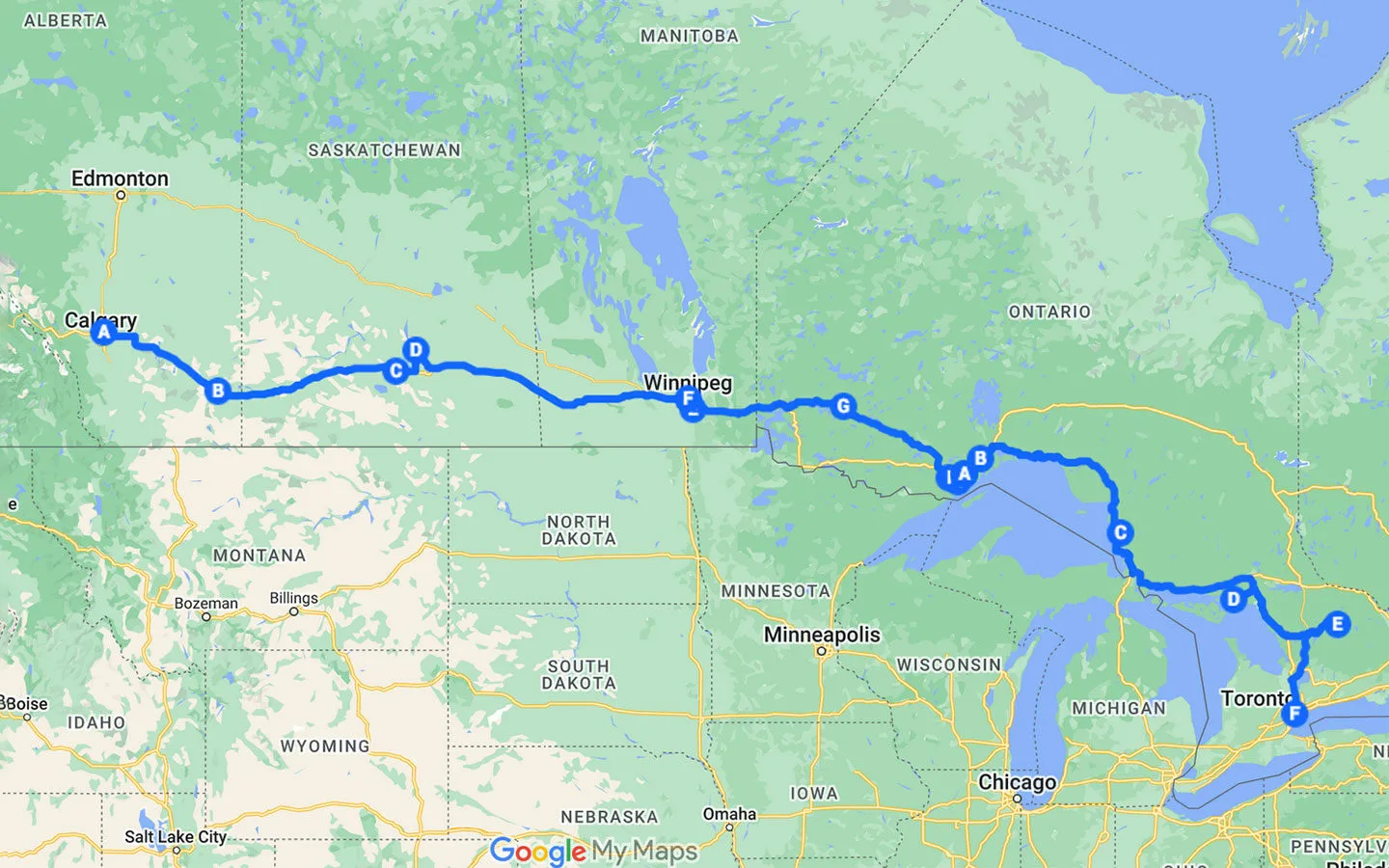 Map of a two-week Calgary to Toronto road trip itinerary, Canada